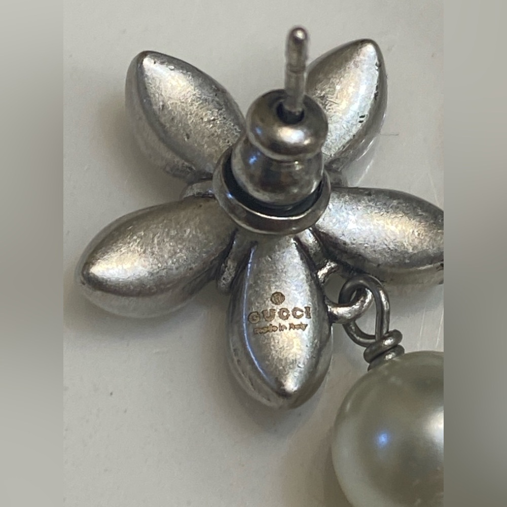 Mismatched Gucci 925 Silver Crystal & Pearl Asymmetrical Drop Earrings - Picture 4 of 6